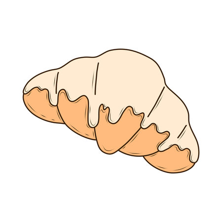 Croissant with glaze baked from puff pastry isolated on white background. French pastry. Vector illustration in flat, cartoon style for cafe, bakery, bistro, restaurantのイラスト素材