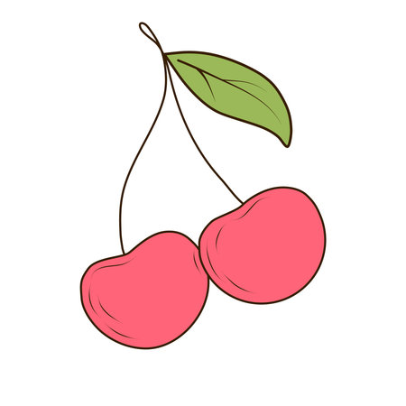 Vibrant Cherries with Leaf. Vector illustration in flat and cartoon style. Good for kids patterns, design food packaging, textile, children cardsのイラスト素材
