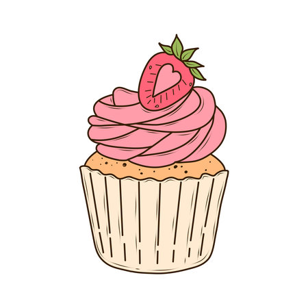 Appetizing cupcake with pink cream and sweet strawberries on top. Vector illustration in cartoon style on white background. Tasty, cute dessert and sweet pastry for menu, cafe, recipes, bakery, confectionery labelsのイラスト素材
