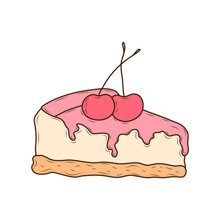 Appetizing cheesecake with pink glaze and sweet cherries on top. Vector illustration in cartoon style on white background. Tasty, cute dessert and sweet pastry for menu, cafe, recipes, bakery, confectionery labelsのイラスト素材