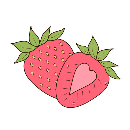 Pink strawberries whole and half. Strawberry set with tasty, fresh and juicy summer berries. Flat vector illustration on white backgroundのイラスト素材