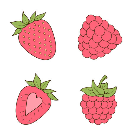 Set of fresh strawberries and raspberries in cartoon style. Vector illustration in a flat cartoon style. Suitable for packaging design, labels, textiles and for creating patterns.のイラスト素材