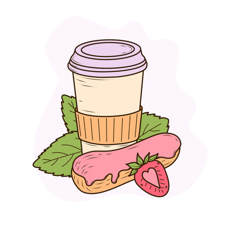 A paper takeaway coffee cup with a lavender lid and orange sleeve, next to it an eclair with pink icing and fresh strawberries. The composition is complemented by green mint leaves and a soft purple background. A bright, whimsical vector illustration in cartoon style perfect for the design of patterns, menu, textiles and dishes.のイラスト素材