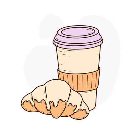 The light cream disposable paper coffee cup with lavender lid and an orange sleeve around it for heat protection. Next to it is a croissant with a cream glaze on top. Vector illustration in a simple, cartoonish style on the light purple background. minimalist and cute for cafe or bakery artwork.のイラスト素材