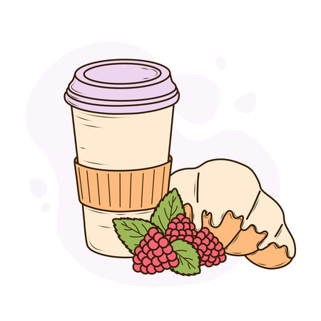 Disposable paper coffee cup in light cream color with lavender lid and orange sleeve for heat protection. Next to it is a croissant with cream icing on top and raspberries. Vector illustration in a simple cartoon style on a light purple background. minimalistic and cute for a cafe or bakery.のイラスト素材