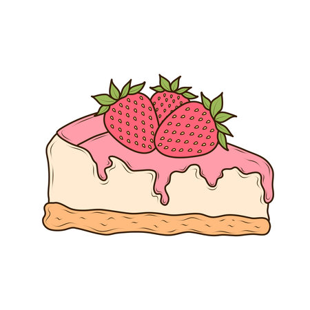 Appetizing cheesecake with pink glaze and sweet strawberries on top. Vector illustration in cartoon style on white background. Tasty, cute dessert and sweet pastry for menu, cafe, recipes, bakery, confectionery labelsのイラスト素材