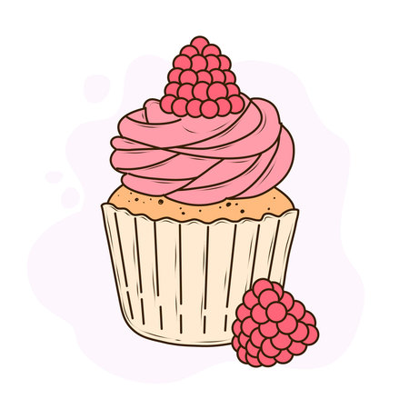 A cupcake in a beige wrapper with soft pink swirled buttercream, topped with fresh raspberries. Two additional raspberries, bright red with green leaves, sit at the base of the cupcake. Vector illustration in cartoon style on the light purple background. Perfect for the design of patterns, menu, textiles and dishes.のイラスト素材