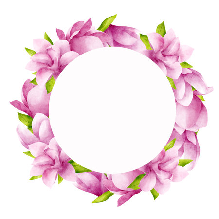 Wreath, round frame of pink magnolias with leaves on a white background with a white plate for text. Hand drawn watercolor illustration. Suitable for the design of cards, invitations for celebrations.の写真素材