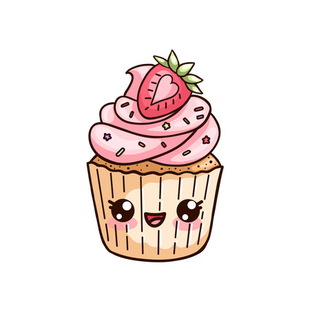 Appetizing kawaii cupcake with pink cream and sweet strawberries on top. Vector illustration in cartoon kawaii style on white background. Cute dessert and sweet pastry for menu, cafe, recipes, bakery, confectionery labelsのイラスト素材