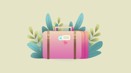 Pink travel suitcase with plants and paper stickers. Summer travel concept. Flat vector illustration isolated on light green background.のイラスト素材