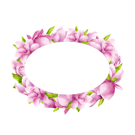 Wreath, round frame of pink magnolias with leaves on a white background with a white plate for text. Hand drawn watercolor illustration. Suitable for the design of cards, invitations for celebrations.の写真素材