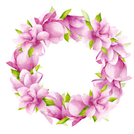 Beautiful magnolias in pink color with leaves. Hand drawn watercolor illustration. Wreath, circle frame on a white background empty for textの写真素材