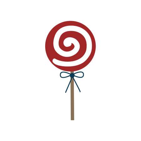 Red and white spiral lollipop. Vector flat illustration of candy. New Year bright striped lollipop. Sweet pink round candy.のイラスト素材