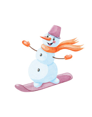 A snowman wearing an orange scarf, mittens, and a purple hat is sliding through the snow on a snowboard. A watercolor illustration of a cheerful winter character. A bright, festive image for New Years designs, cards, childrens books, and winter decorating projects.の写真素材