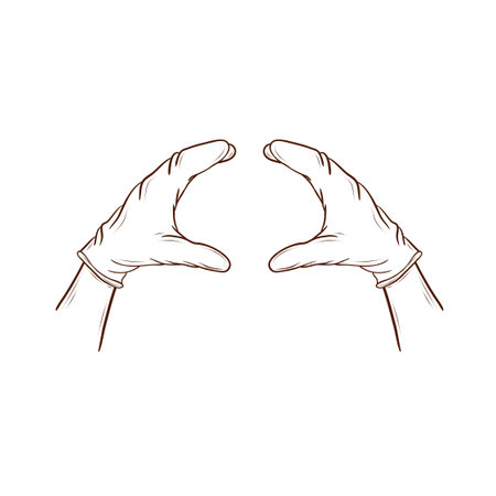 Two hands in latex gloves, positioned as if holding a burger. Vector illustration in a line art style, brown lines, isolated on a white background. Suitable for menus, packaging, logos, fast food, hygiene instructions, culinary projects, and advertising materials.のイラスト素材