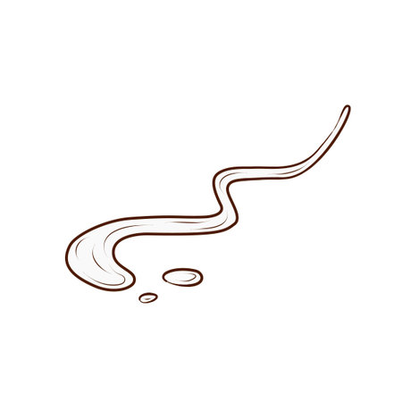 Sauce trail. Vector illustration in a contour line style. An image of drippings and a curved strip of sauce, drawn with brown lines and isolated on a white background. Suitable for menus, packaging, fast food, culinary projects, recipe design, and decorative elements.のイラスト素材