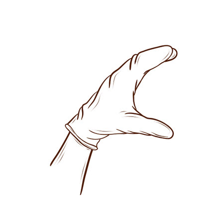 A hand in a latex glove, positioned as if holding a burger. Vector illustration in a line art style, brown lines, isolated on a white background. Suitable for menus, packaging, fast food, hygiene instructions, restaurants, cafes, and culinary projects.のイラスト素材