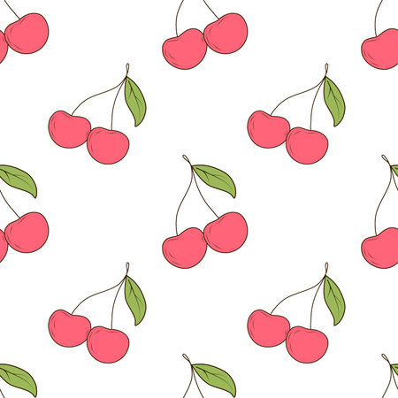 Seamless pattern with pink cherries and green leaves drawn as a hand drawn vector in clean flat...