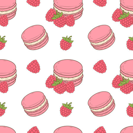 Seamless pattern with pink macarons and raspberries. Hand drawn vector illustration in flat, clean cartoon style. Decorative dessert print for packaging, textile, wrapping paper, web and branding.のイラスト素材