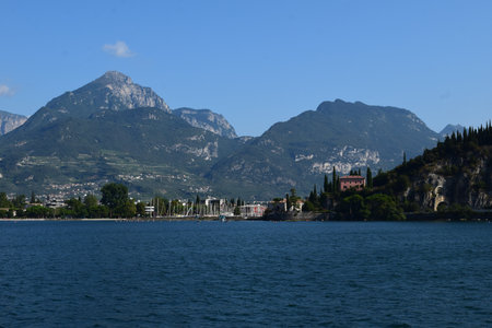 Blue sky and water of Lake Garda, Italyのeditorial素材