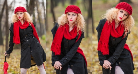 attractive young woman in a autumn fashion shoot  Beautiful fashionable young girl with red umbrella , red cap and red scarf in the parkの写真素材