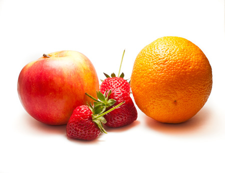 Fresh fruits (apple, orange, strawberries) isolated on white backgroundの写真素材