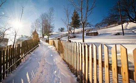 Narrow road covered by snow at countryside. Winter landscape with snowed trees, road and wooden fence. Cold winter day at countryside. Traditional Carpathian mountains village scenery, Romaniaの写真素材