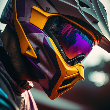Close up of a motorcycle helmet and goggles. Extreme sports concept.の素材