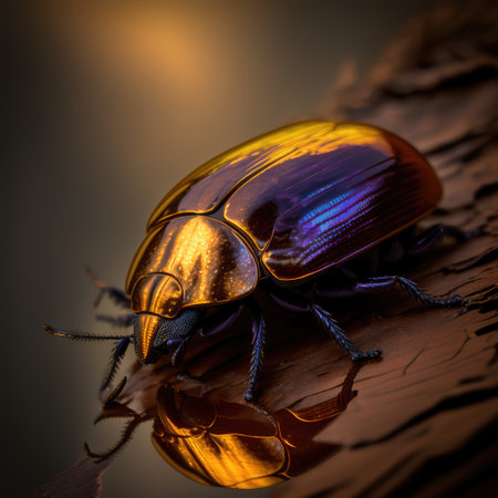 Beetle on a wooden surface in the light of the setting sunの素材