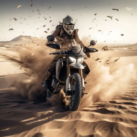 Motorcycle rider in the desert. Extreme sports. 3d renderingの素材
