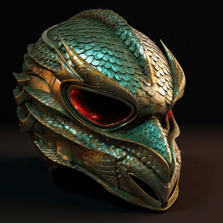 Bronze mask of a dragon on a black background. 3d renderingの素材