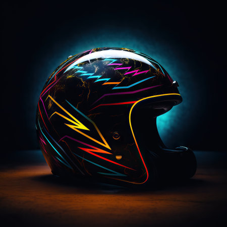 Glowing motorcycle helmet on dark background with neon lights. 3D renderingの素材