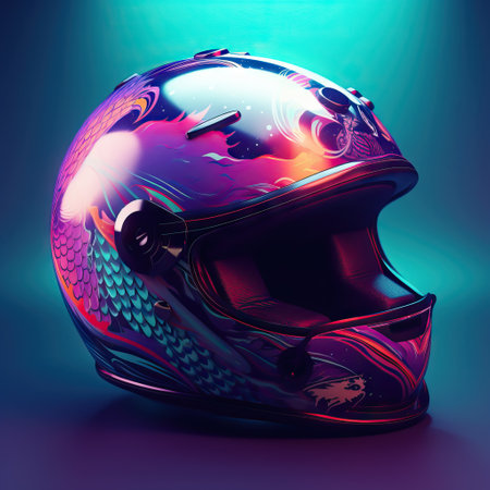 Colorful motorcycle helmet on a dark background. 3d illustration.の素材