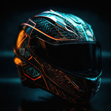 Glowing motorcycle helmet on dark background. Extreme sports concept. 3D Renderingの素材