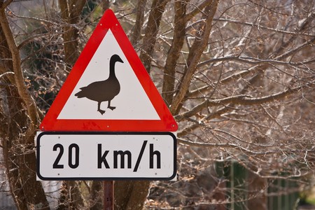red metal caution triangle with speed limit indicating geese crossingの写真素材