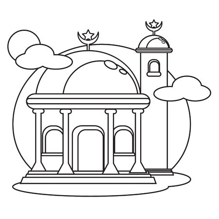 Beautiful Mosque Line Art Black and White Suitable for Coloring Bookのイラスト素材