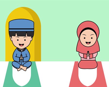 Illustration of Cute Boy and Girl in Cartoon Style Muslim Editionのイラスト素材