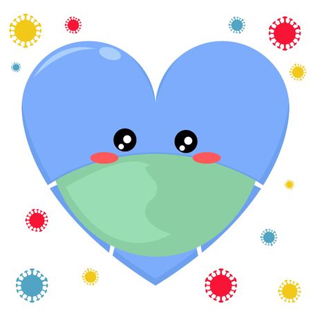 Cute Illustration of Blue Love Character Wear a Face Maskのイラスト素材