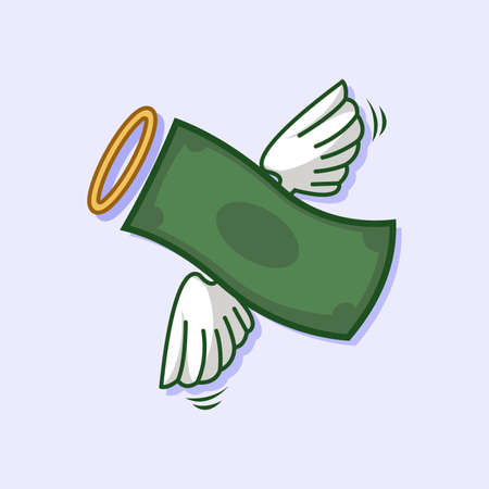 Simple funny illustration of flying money. Two wing. Spending money. Pay bill. Money transaction. Wasteful life. Money cartoon.のイラスト素材