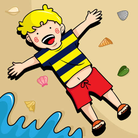 Vector illustration of a kid seem very happy lay down on the sand at the beach. Kids illustration. Happy face. For children.のイラスト素材