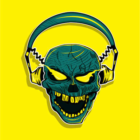 Skull wearing headphones. Yellow background. Music enthusiast. Audiophile. Creepy face. Music fans.のイラスト素材