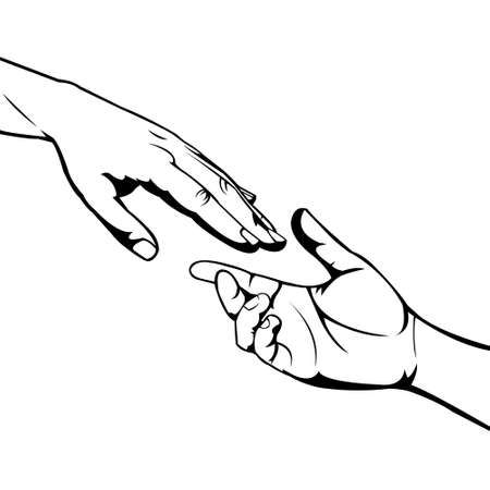 Hands illustration. Take and give. Open donation. Helping each other. Giving help. Mutual respect and complement. Grab each other. Farewell symbol.のイラスト素材