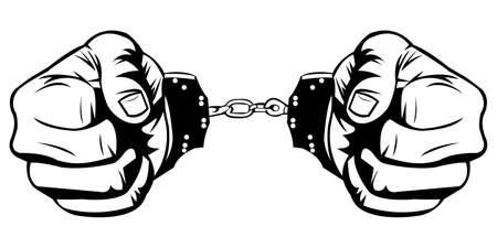 Simple Black and White Illustration of two hand in handcuffs on white background. Prisoner hands. A punishment. Human hands. Body part. Deprivation of freedomのイラスト素材
