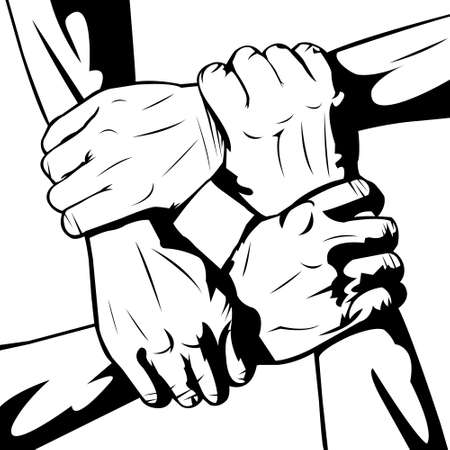 Simple Black and White Illustration of Interracial union on White Background. Happy friendship day. Friendship bond. Work together. Loyal friends.のイラスト素材