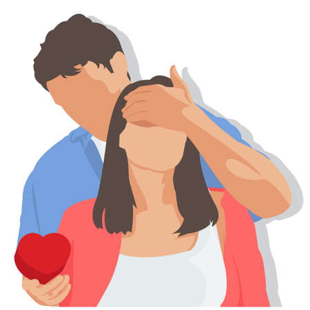 Simple Flat illustration of A man surprises his girlfriend with a heart shaped gift box. Girlfriends Day. Happy valentine day. Anniversary celebration.のイラスト素材