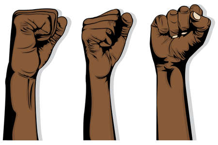 Simple illustration of three black hands that raise their fists up on white background. Human hands. Male Hands.Woman Hands. Body part. The Demonstrator. The warrior. Human rights .のイラスト素材