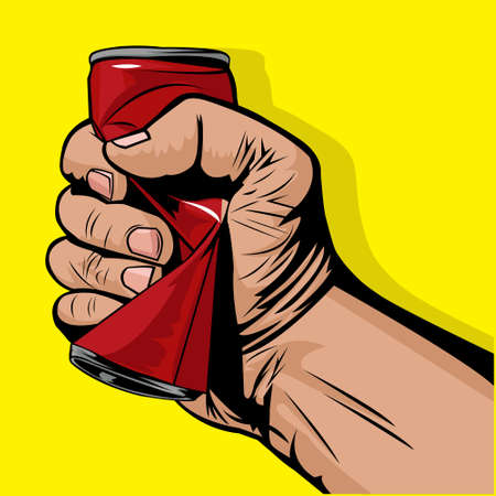 Vector illustration of hand squeezing a red can. Crush a can day.