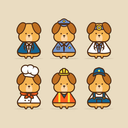 Cute dog character wearing uniforms of various professionsのイラスト素材