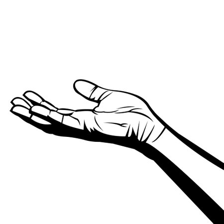 Begging hand gesture. Open hand. Black and white illustration. Clip art. Body Part. Line art.のイラスト素材