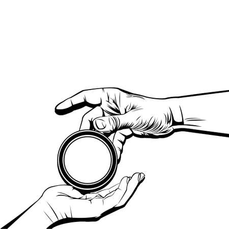 Human body. Body part. Human hands. Male hands. Holding money. Financial Stuff. Take and Give. Charity and Donation.のイラスト素材